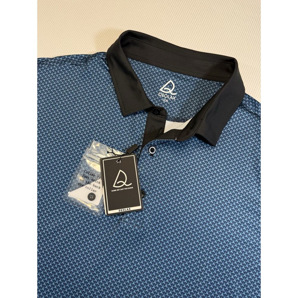 Deolax Golf Polo Shirt Mens 2XL Blue Geometric Performance Stretch NWOT